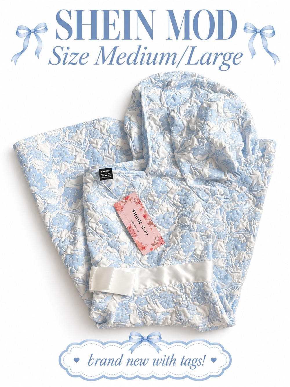 SHEIN Mod Blue & White Textured Jacquard Mini Babydoll Dress, M/L, NWT!